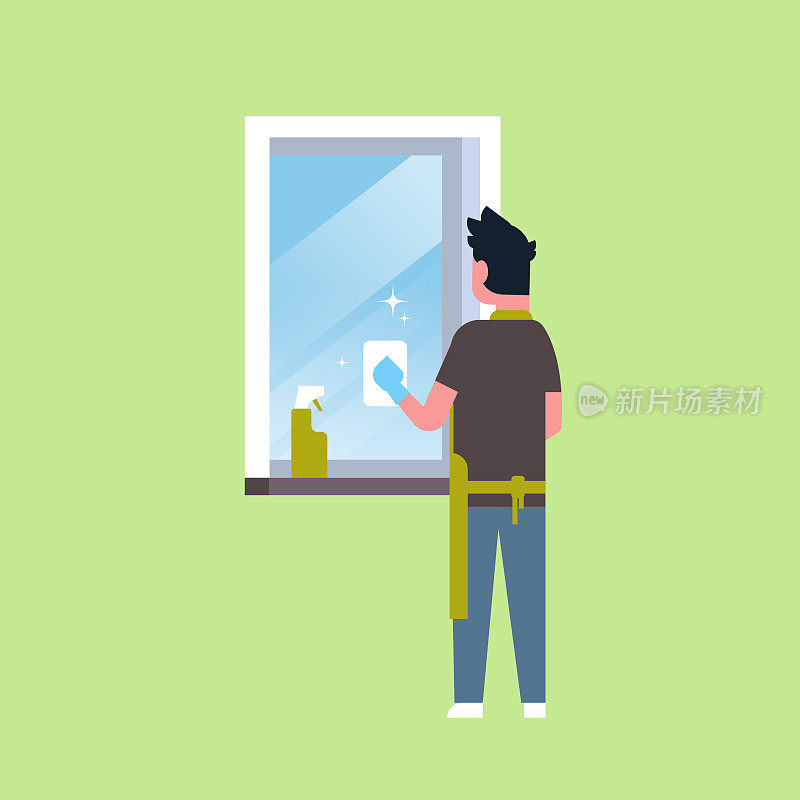 man in gloves and apron cleaning window with rag cleaner spray rear view guy doing housework concept flat male character full length